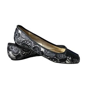 Pour La Victoire Black / White Satin Floral Leather Square Toe Flats